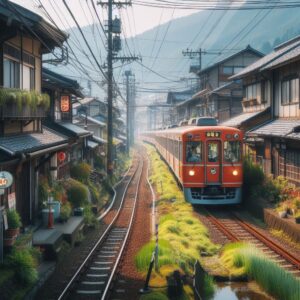 田舎町を走る普通電車
