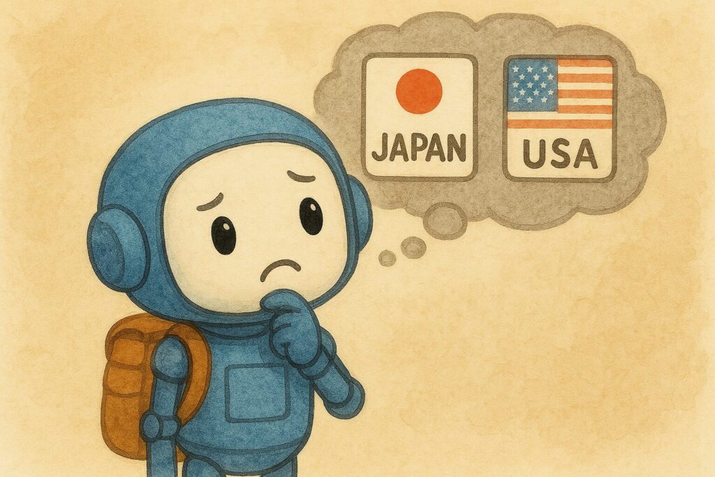 旅先を日本かアメリカどちらにするか悩むロボット